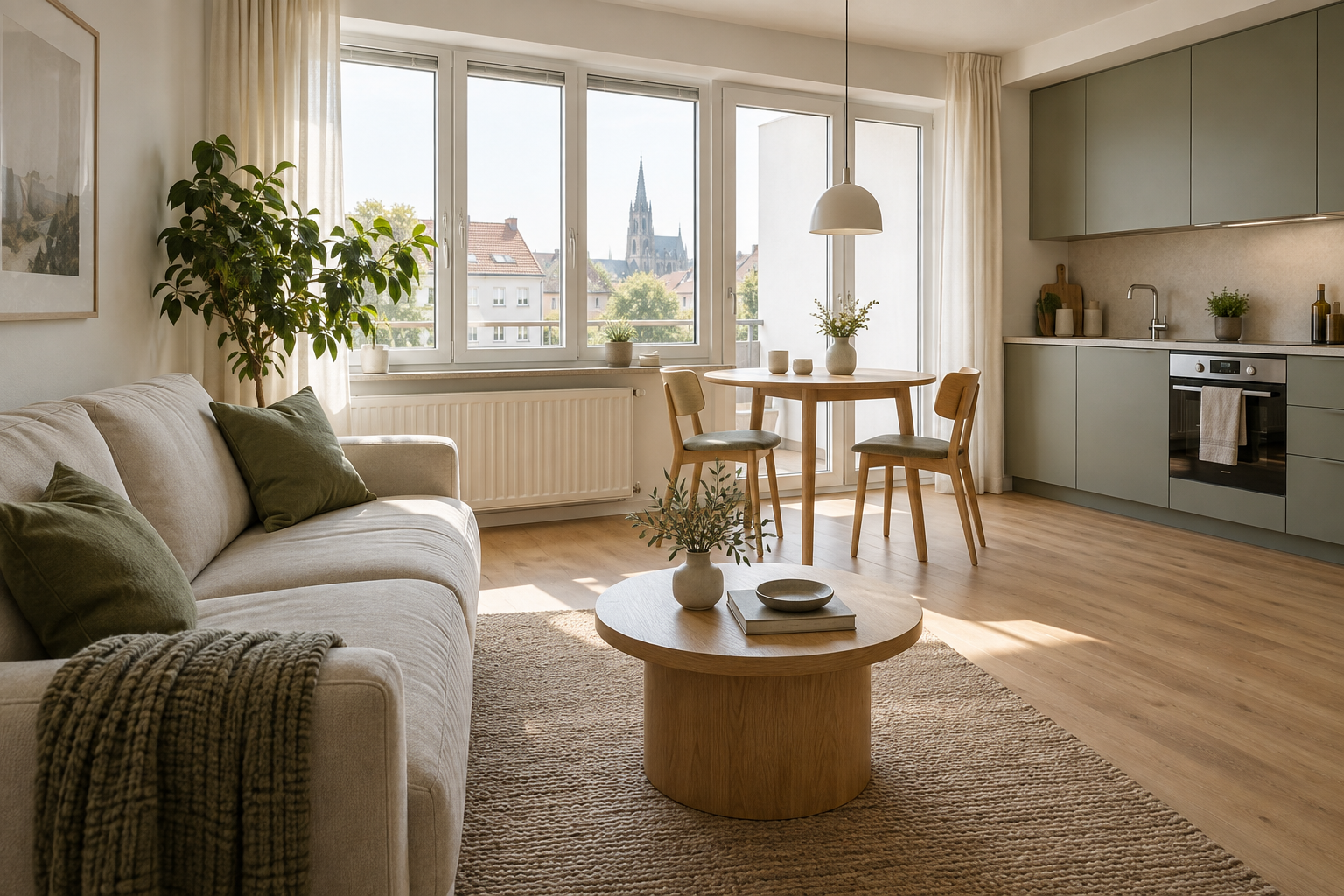 Helles möbliertes Appartement mit Wohnbereich und Küche – KI-generiertes Beispielbild