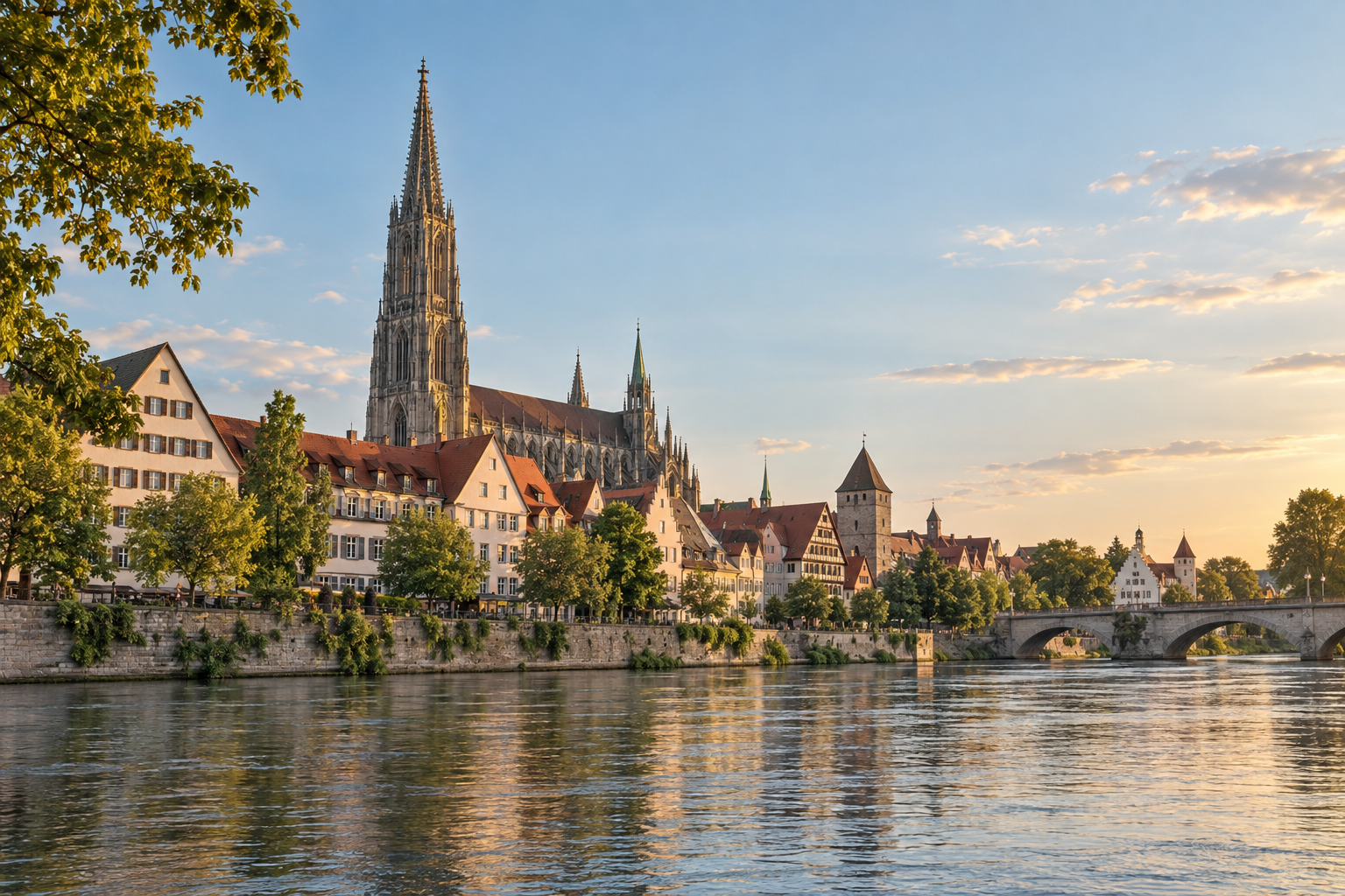 KI-generierte Stadtillustration mit Ulmer Münster, Altstadt und Donau